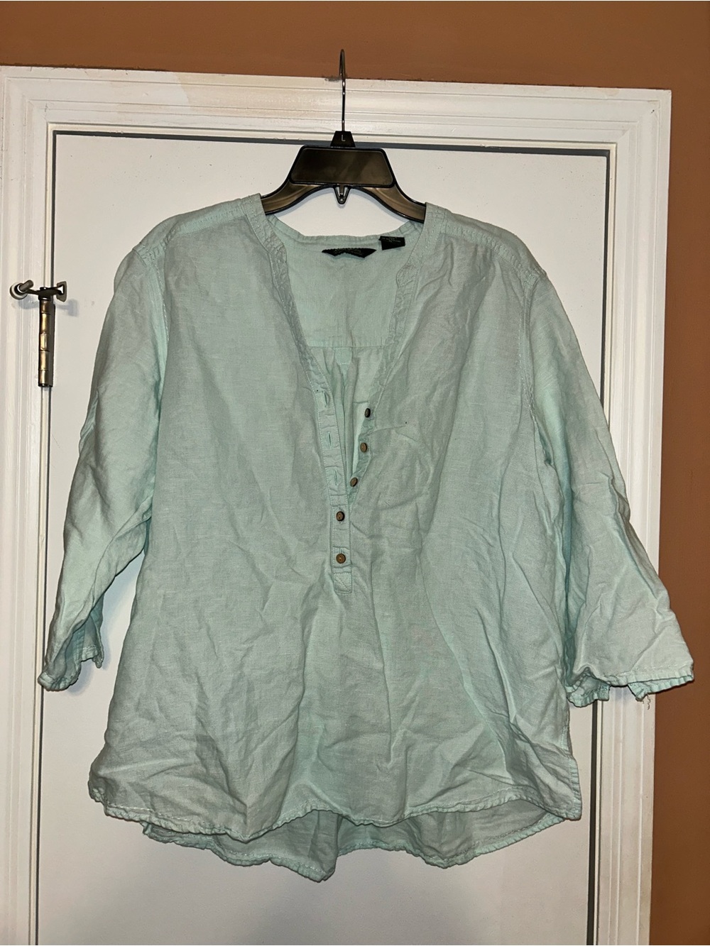 Eddie Bauer Linen Blend Popover Blouse XL Aqua 3/4 Sleeve